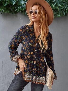 GAOVOT / Boho Floral Button-Up Peasant Blouse - Navy with Mustard  -Sz L -NWT